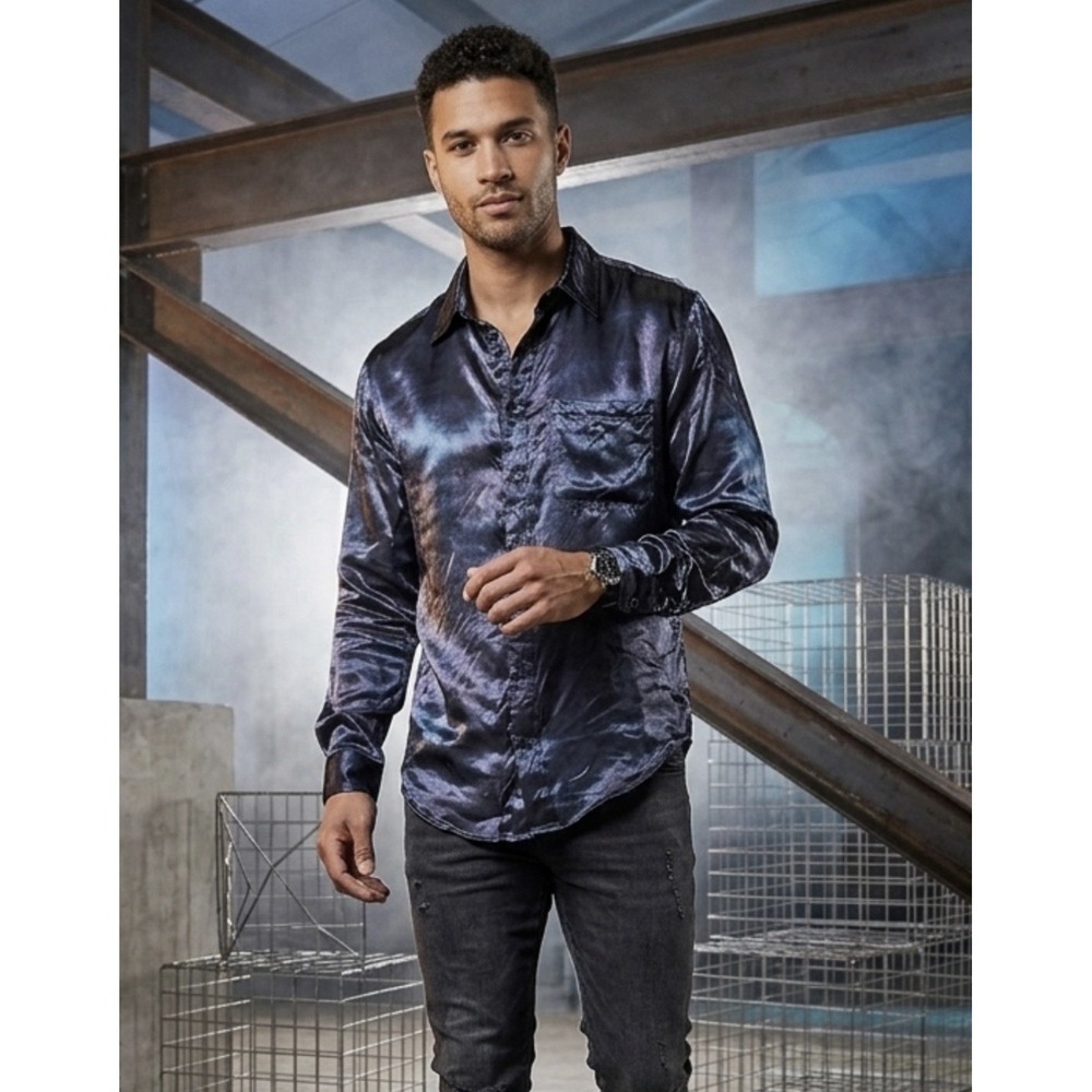 Sies Marjan Navy Blue Satin Button Up Shirt S Silk-Like Fluid Luxury Blouse $595